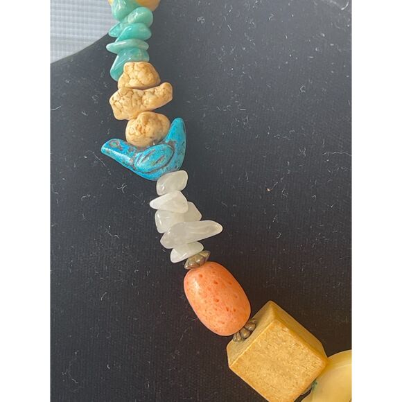 Vtg Bead Necklace, Carved Bovine Turquoise & Stone Fetish, Elephant Bird African - Picture 2 of 12